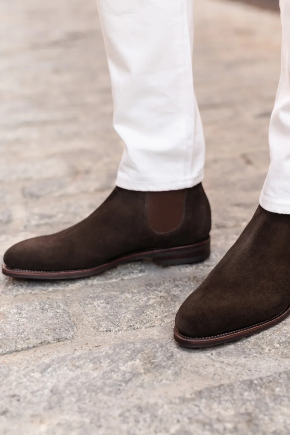 Man Wearing Meermin Wholecut Chelsea boot in Chesnut
