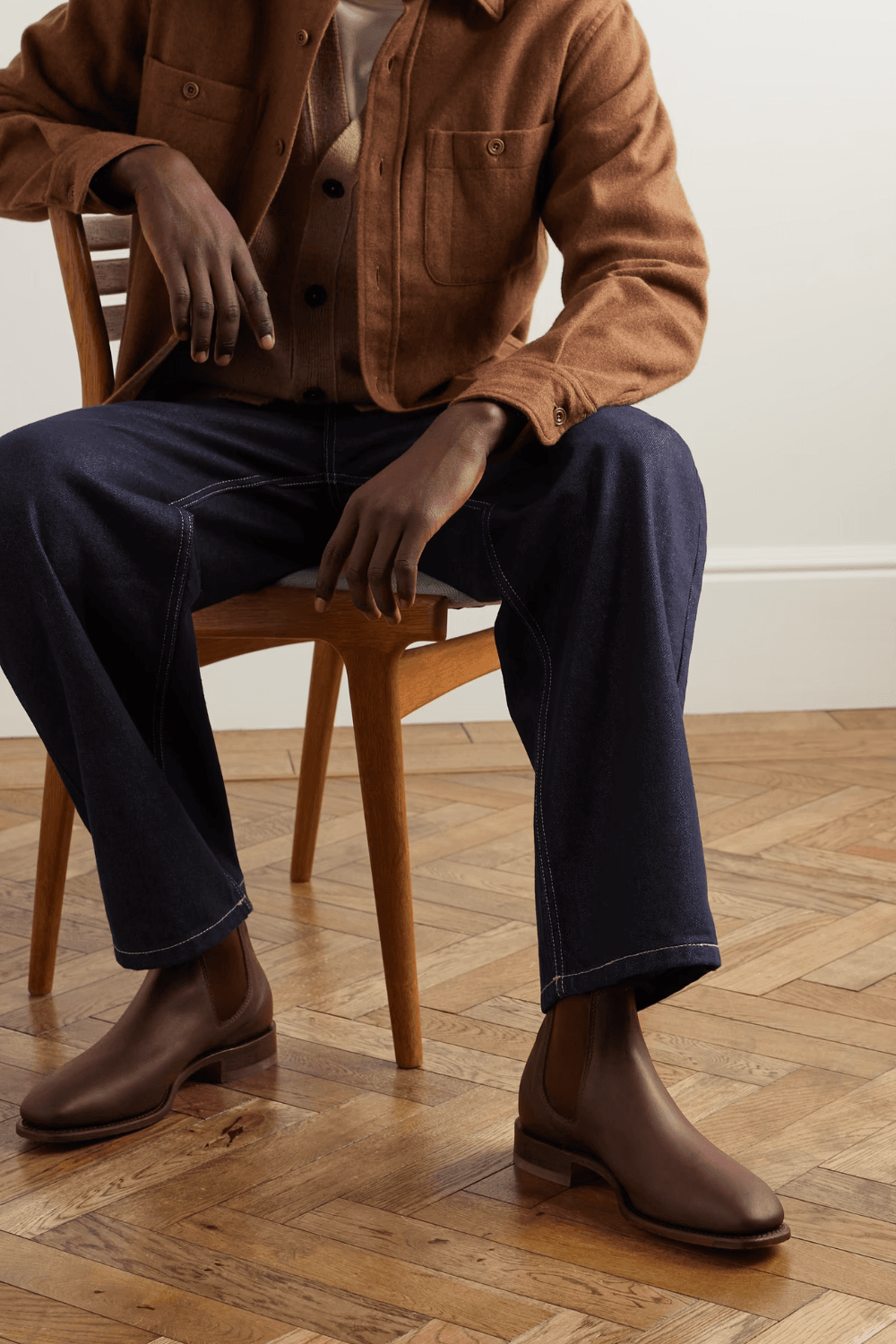 Man Wearing R.M.WILLIAMS Heritage Craftsman Leather Chelsea Boots in Brown