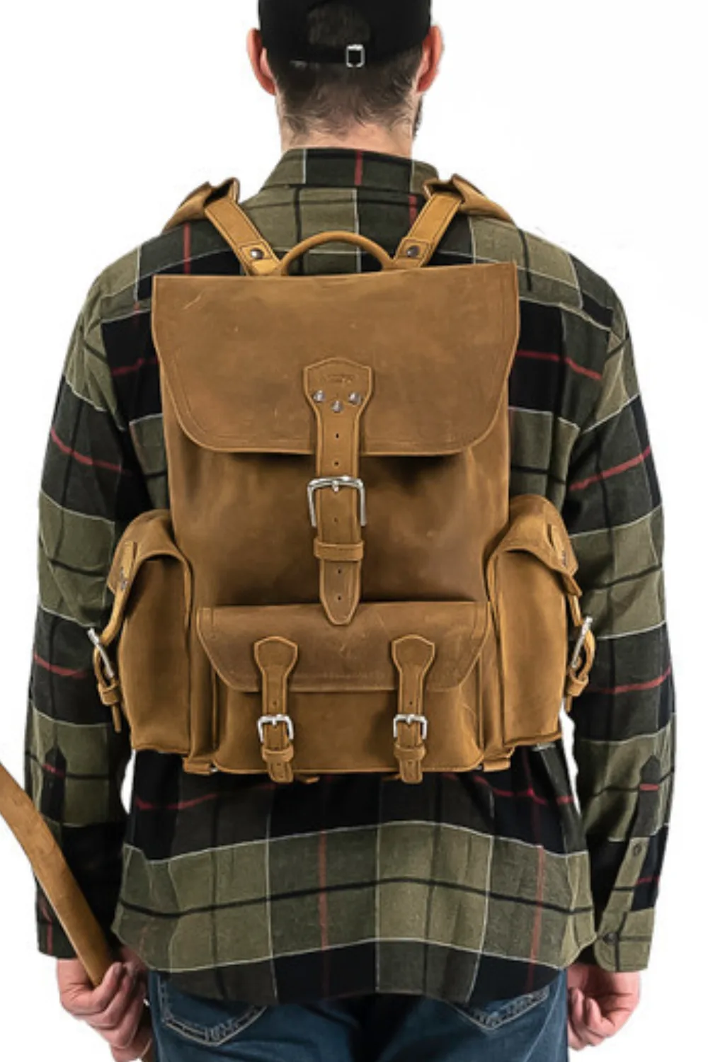 Man Wearing Saddleback Leather Front Pocket Backpac in Tobacco