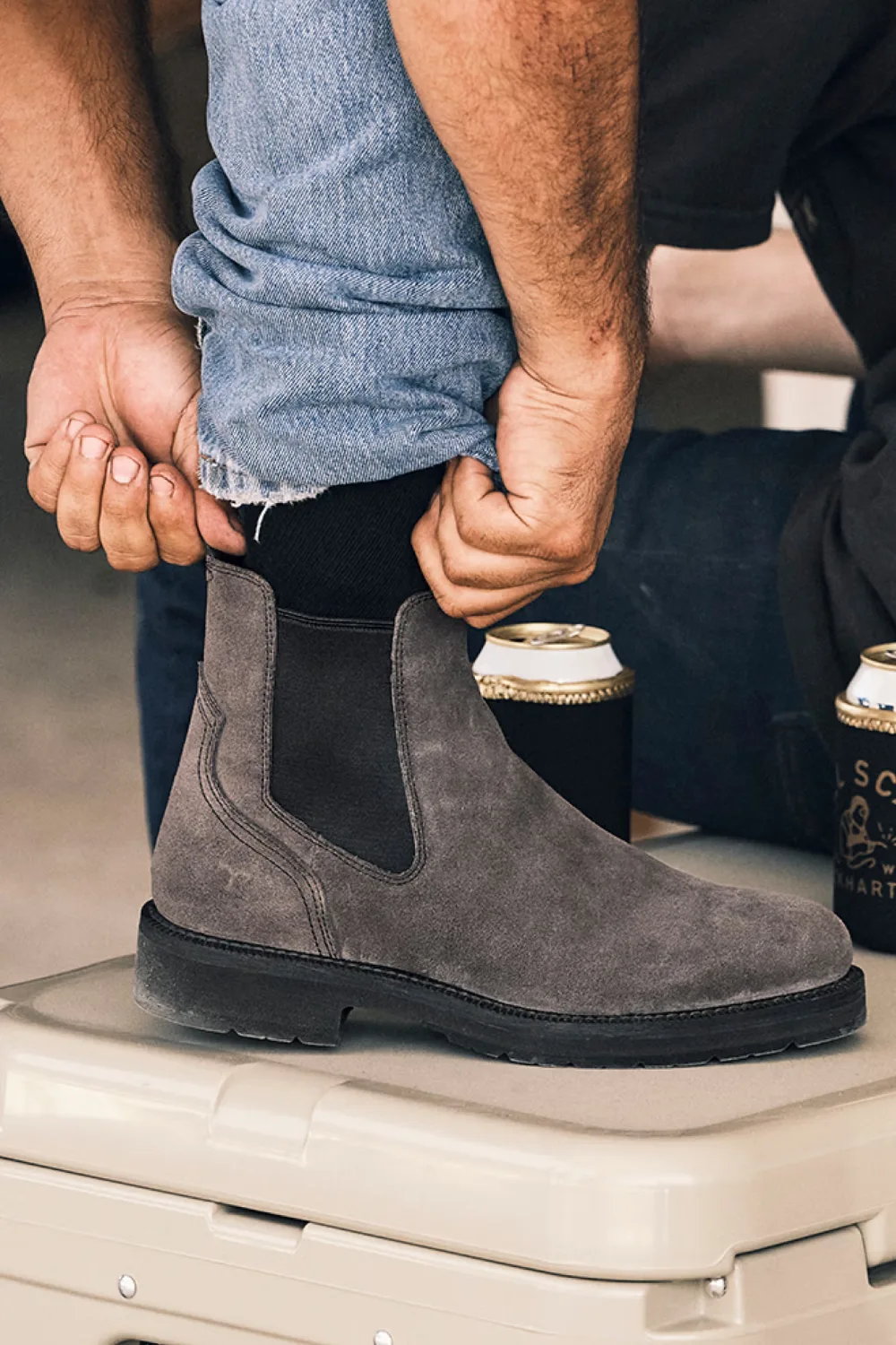 Man Wearing Tecovas Rugged Chelsea in Dark Gray