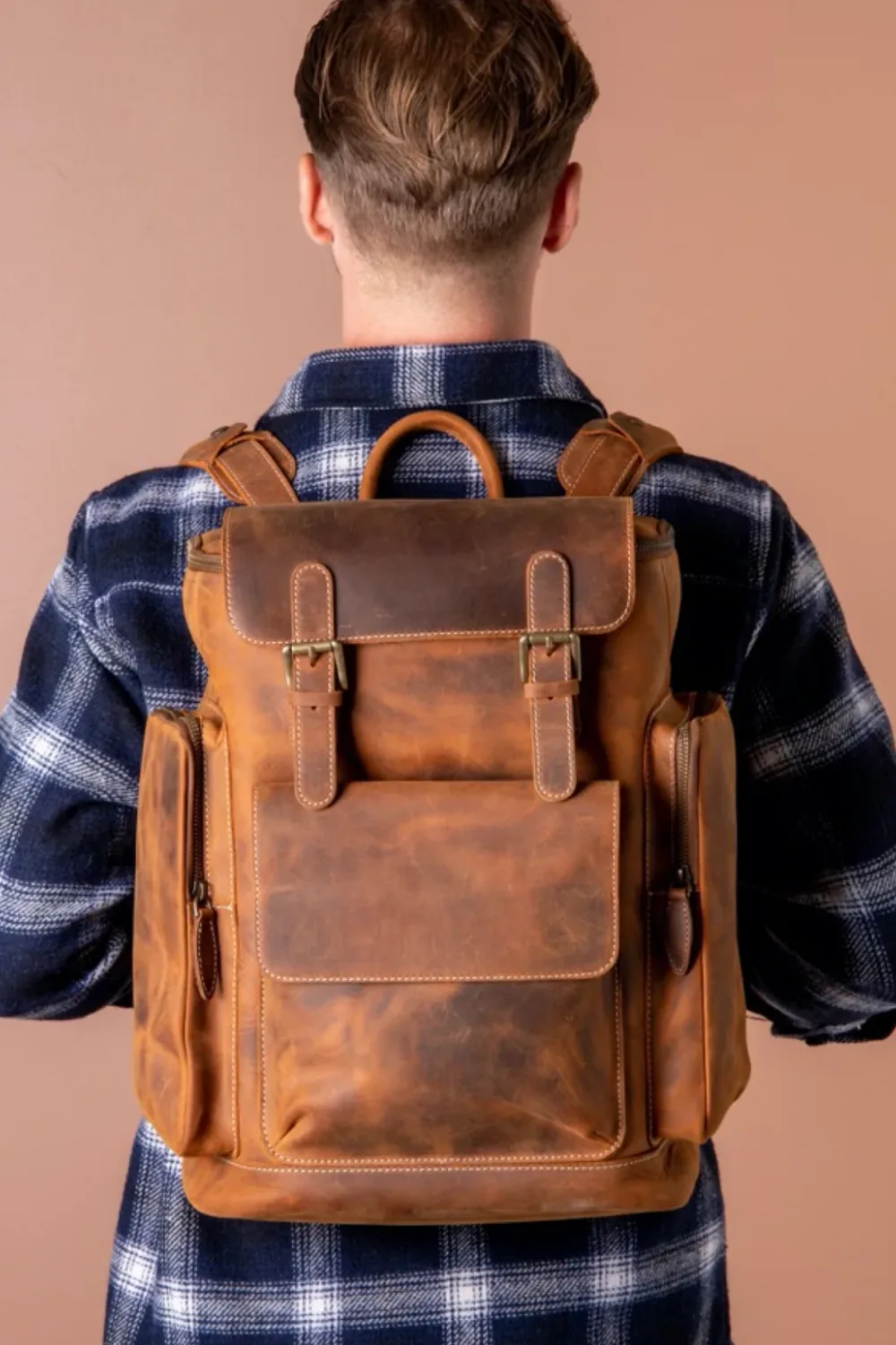 Man Wearing Yukon Crazy Horse Leather Backpack in Tan