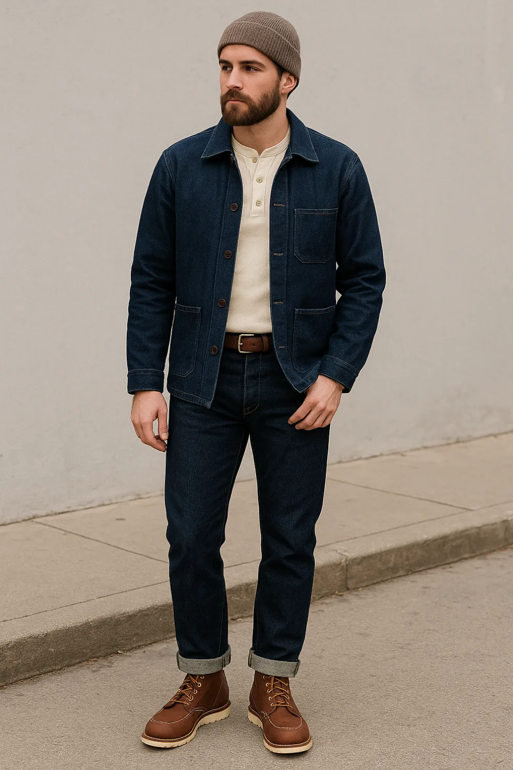 Man wearing a rugged heritage workwear outfit with an indigo raw denim chore coat, cream henley shirt, dark selvedge jeans, brown leather boots, brown belt, and a gray beanie, standing against a neutral wall.