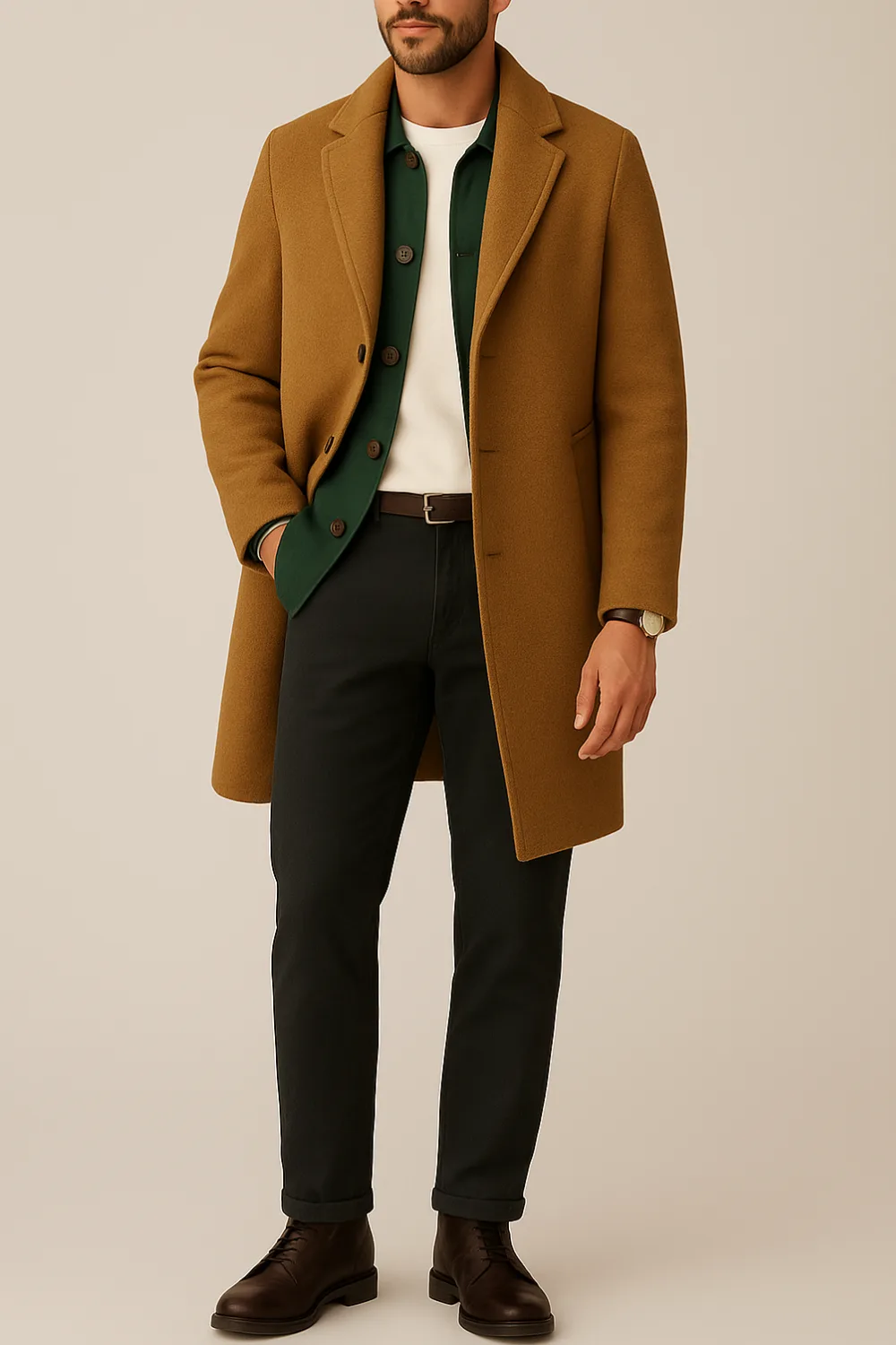Man wearing a camel topcoat over an olive chore coat, cream crewneck sweater, black chinos, dark brown lace-up boots, leather belt, and leather strap watch, standing with one hand in his pocket.