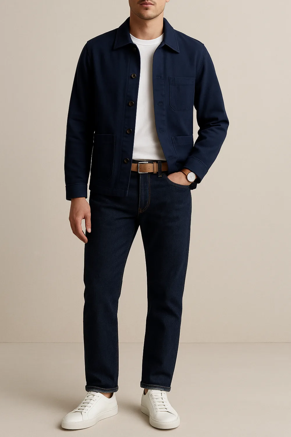 Man wearing a navy denim chore coat, a plain white t-shirt, dark washed jeans, white leather sneakers, a brown leather belt, and a brown leather strap watch, standing with his hand in his pocket.