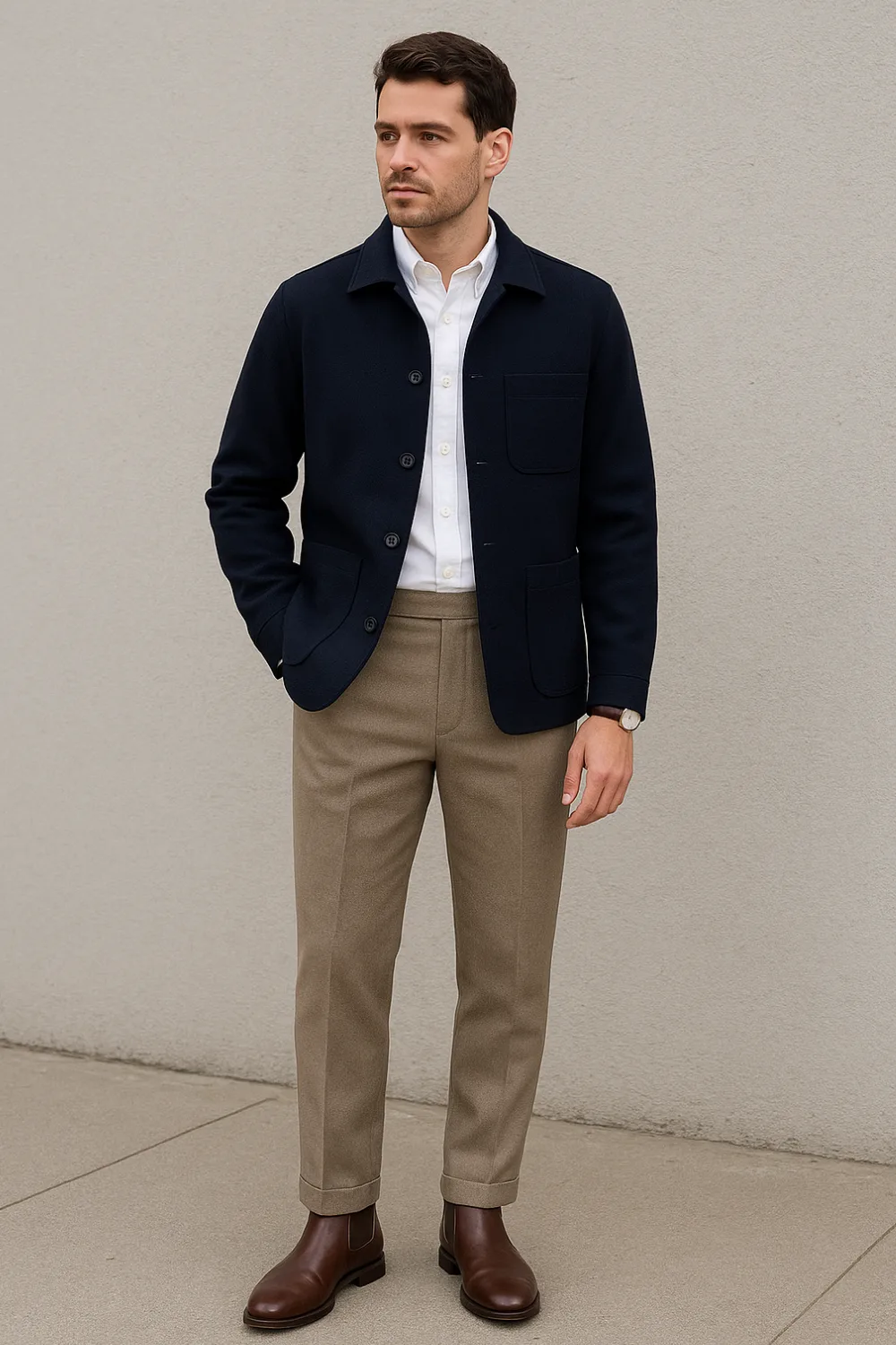 Man in smart-casual outfit with navy chore coat, khaki tailored wool trousers, brown Chelsea boots, and leather watch, standing with hand in pocket.