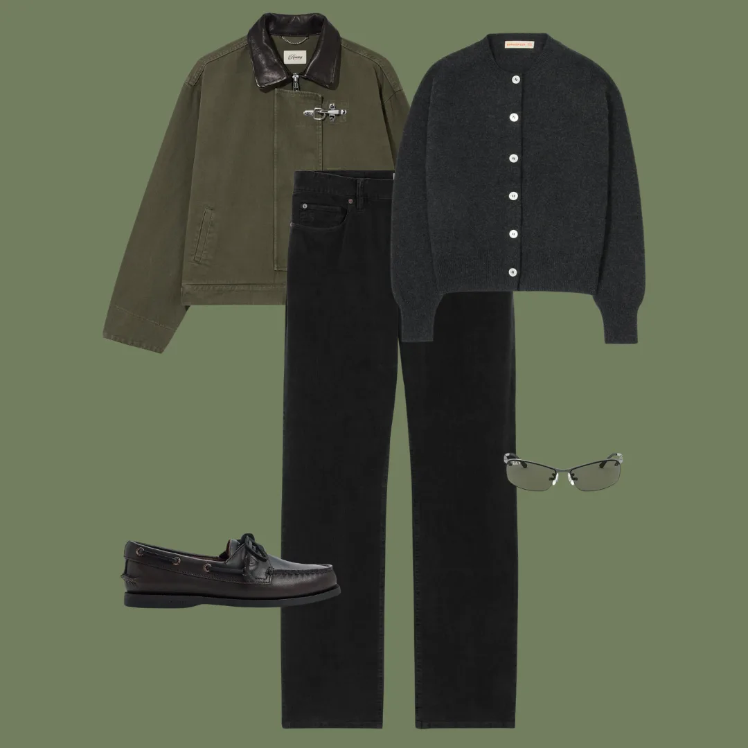 Flat lay of corduroy pants, a crewneck cardigan, a fireman clasp jacket, boat shoes, and rimless sunglasses.
