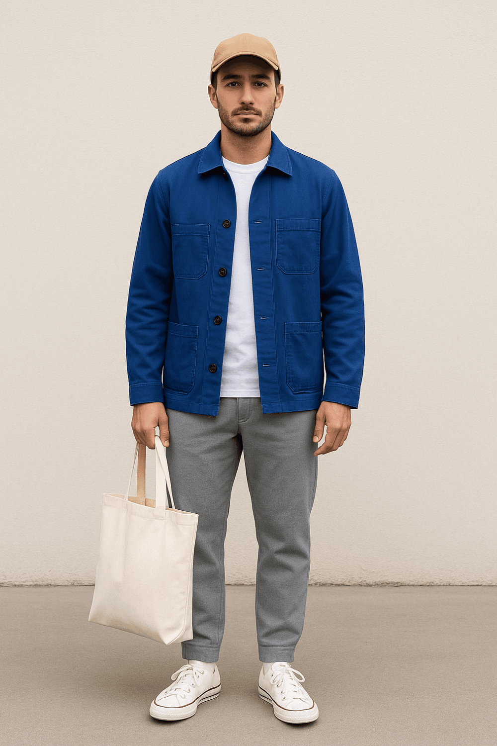 Man wearing a brown cap, blue chore coat, white t-shirt, gray joggers, canvas sneakers, and carrying a white canvas tote bag.