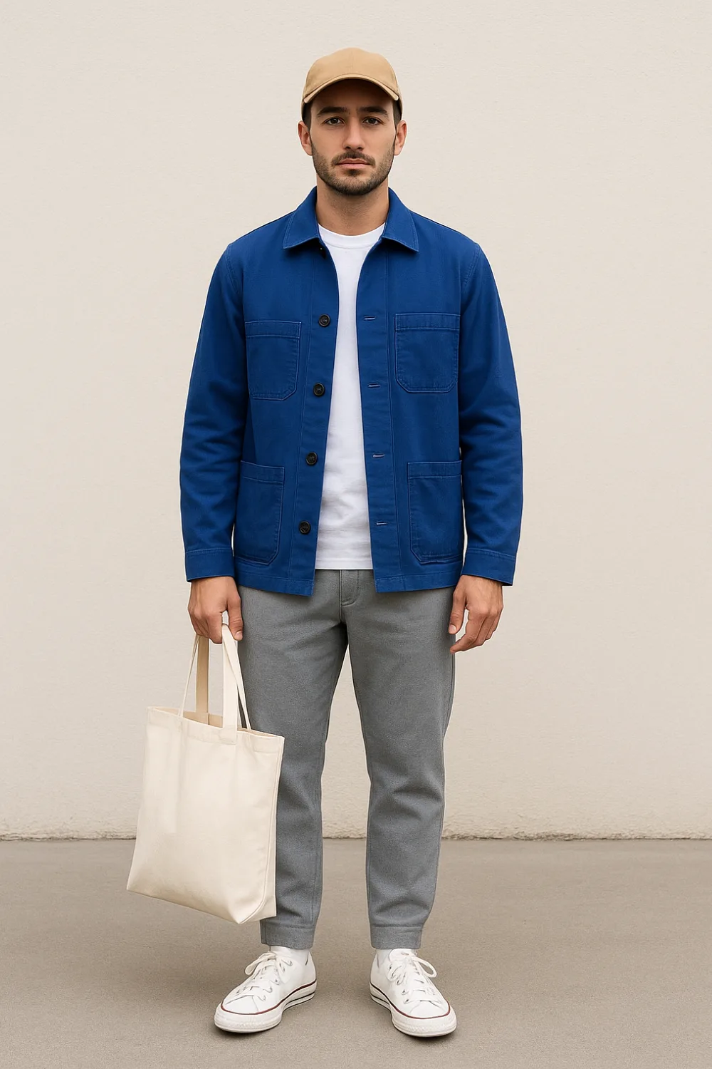 Man wearing a brown cap, blue chore coat, white t-shirt, gray joggers, canvas sneakers, and carrying a white canvas tote bag.