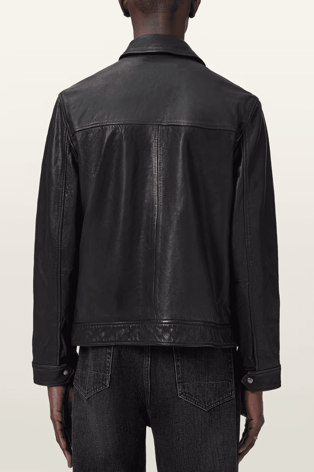 Back View of a man wearing AllSaints Nates Leather Jacket in Black