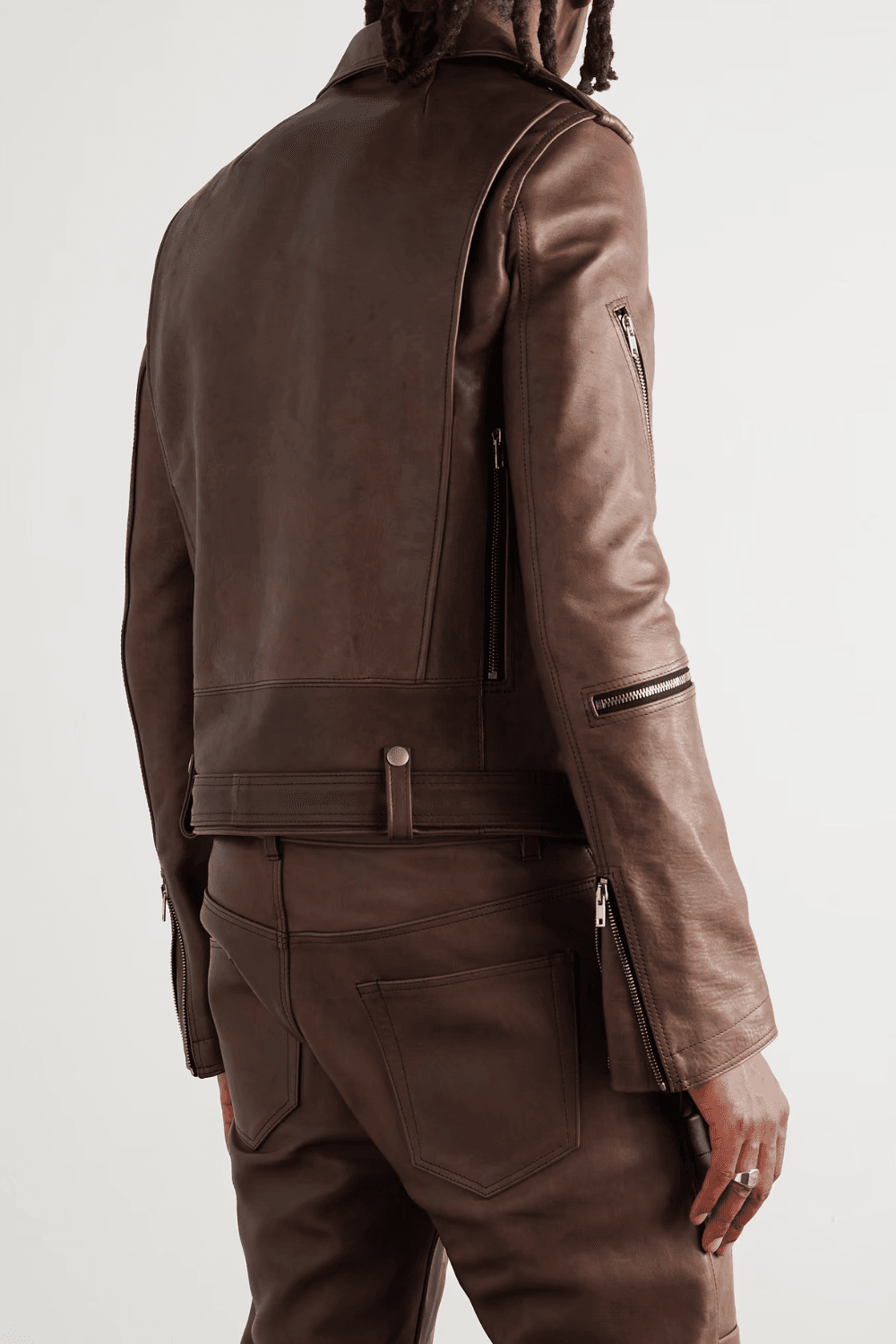 Back View of a man wearing Rick Owens Bauhaus Stooges Slim-Fit Leather Biker Jacket in Brown