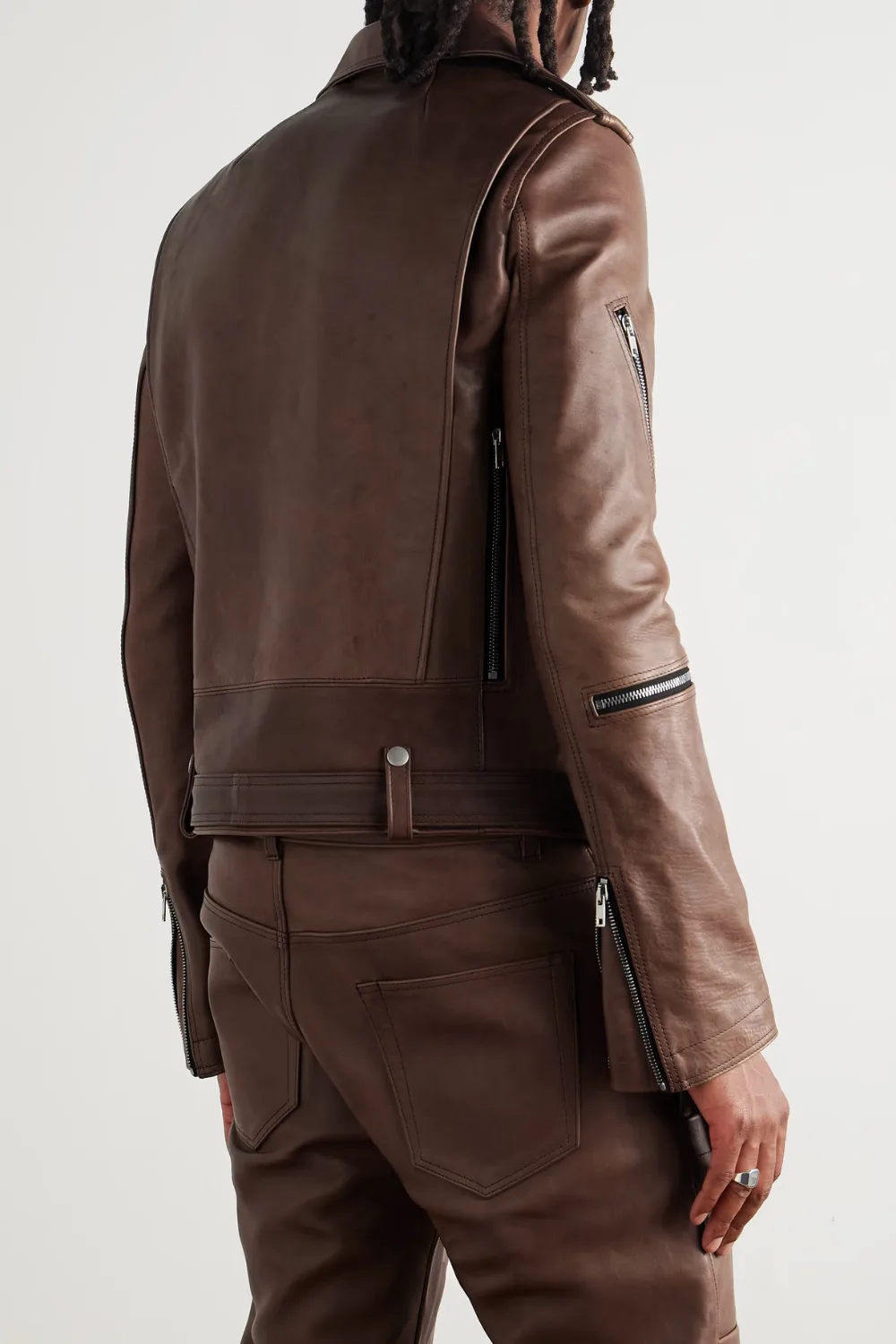 Back View of a man wearing Rick Owens Bauhaus Stooges Slim-Fit Leather Biker Jacket in Brown