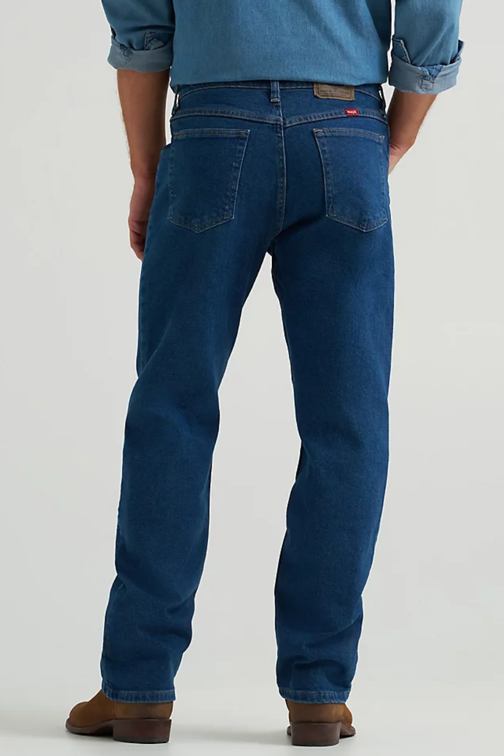 Wrangler Men's Relaxed Fit Flex Jeans in Blue, shown from the back.