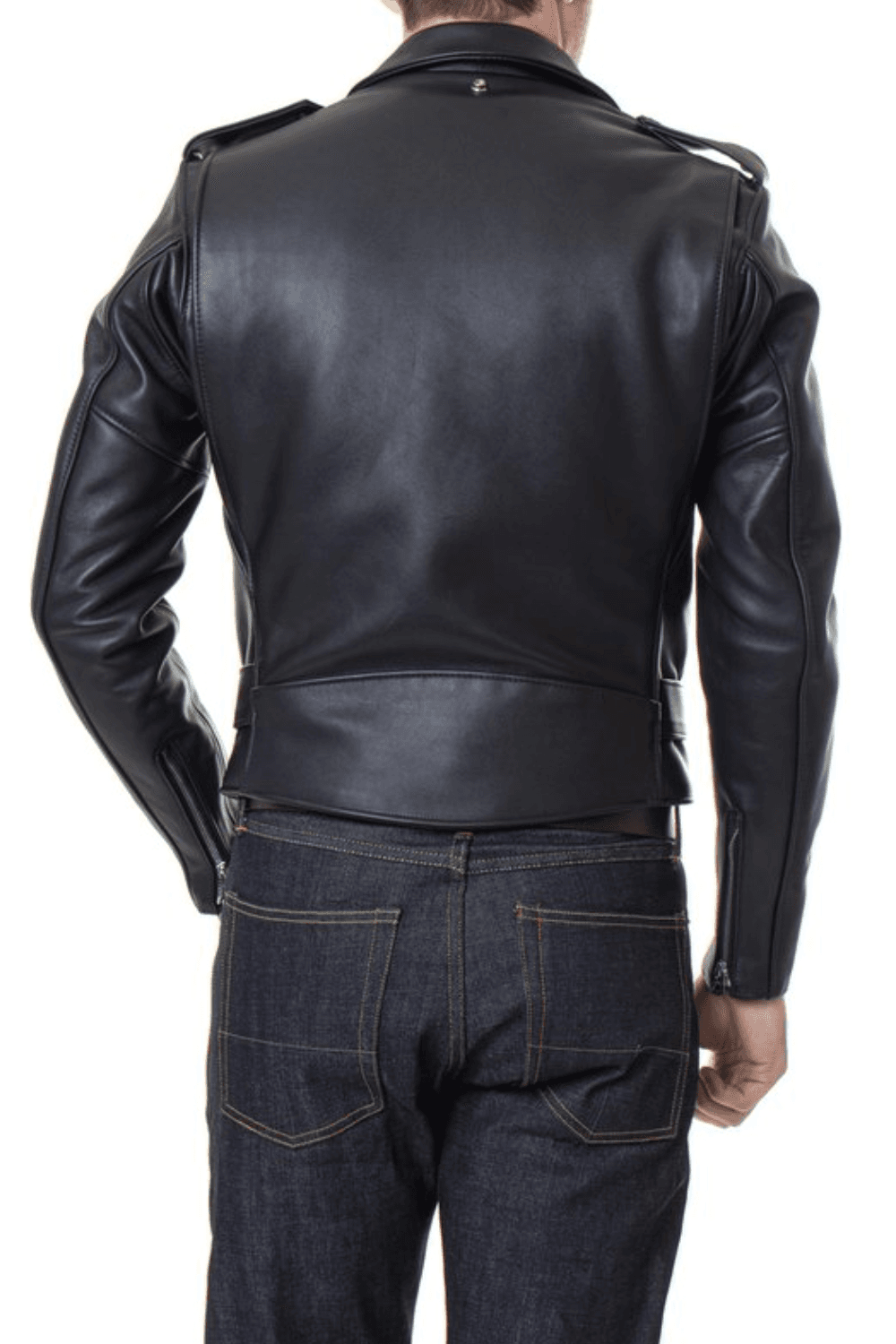 Back view of a man wearing the Schott NYC 618 Perfecto Leather Jacket