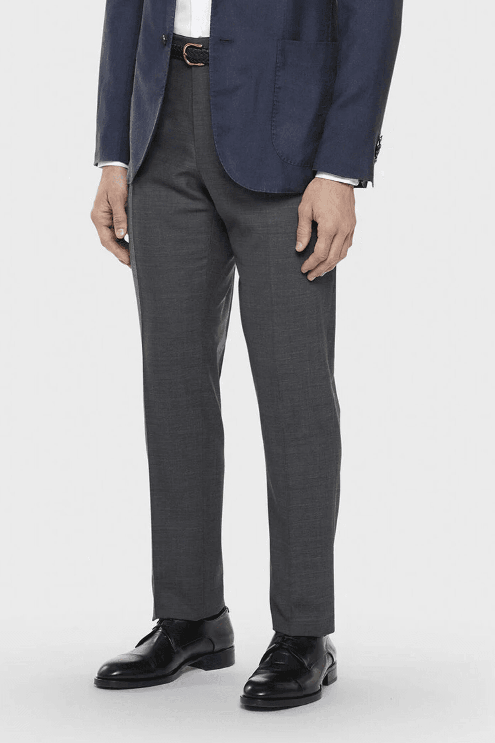 Man wearing Boglioli Grey 100% virgin wool trousers