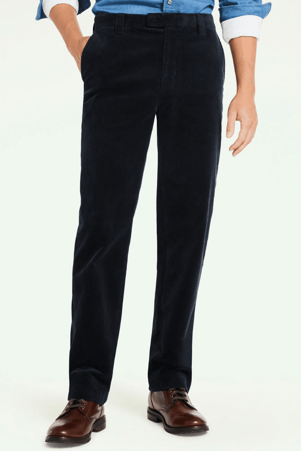 Man wearing Brooks Brothers Big & Tall Wide Wale Corduroy Pants in Navy