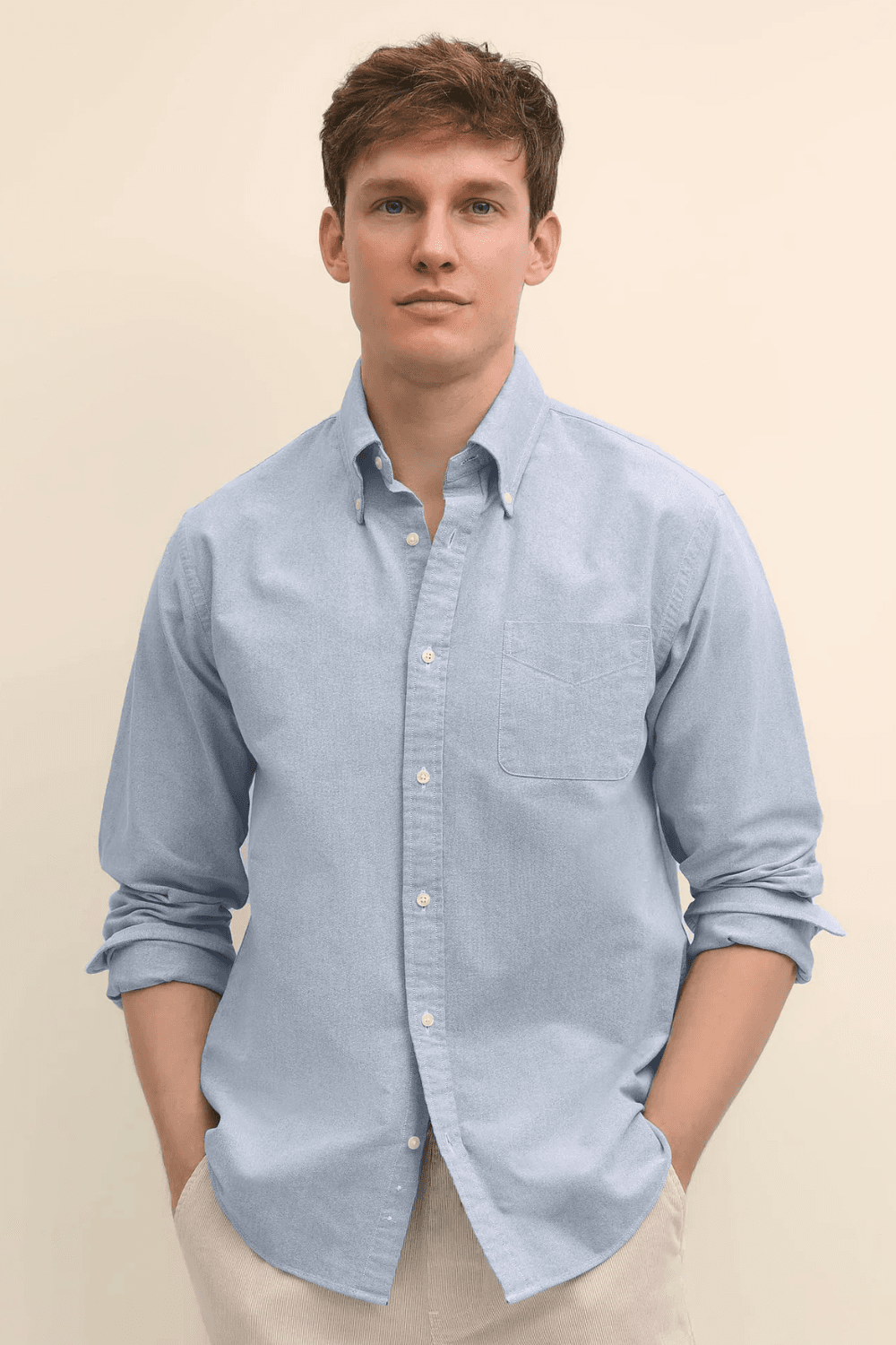 Man wearing Brooks Brothers Friday Oxford Shirt in Blue
