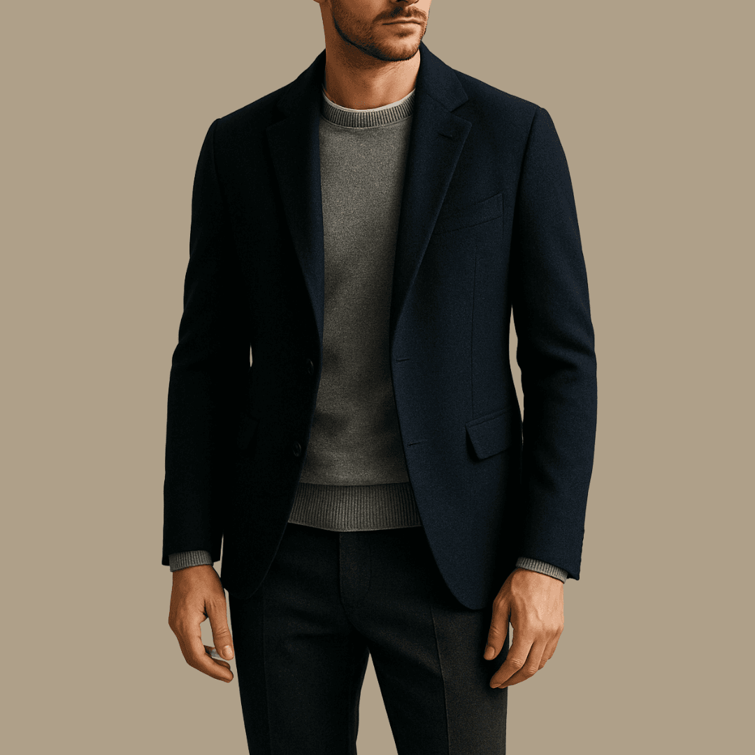 A stylish man wearing a layered outfit with a white crew neck tee barely visible under a gray fine-gauge sweater and a navy wool blazer. The man stands against a neutral background with soft lighting, showcasing realistic textures and clean, modern tailoring.
