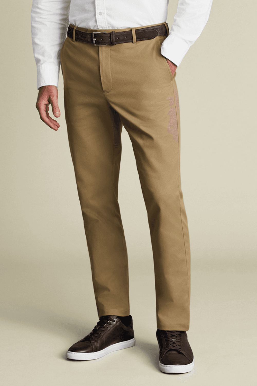 Man wearing Charles Tyrwhitt Slim Fit Non‑Iron Chino in Tan