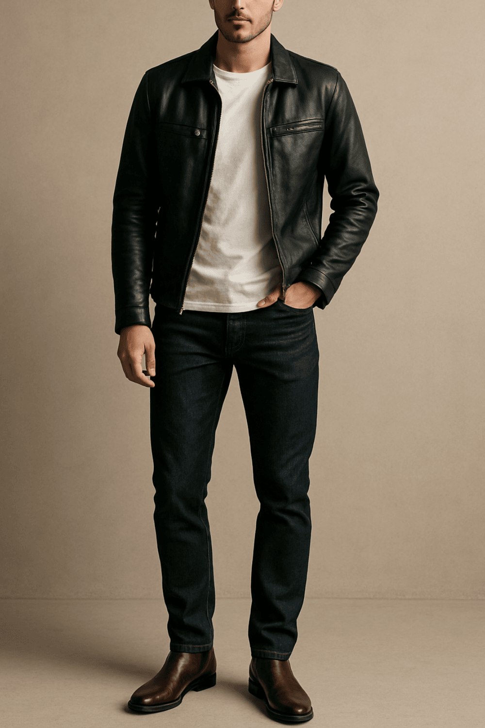 A man wearing a black leather jacket over a white T-shirt, paired with dark wash jeans and oxblood Chelsea boots, standing against a neutral background.