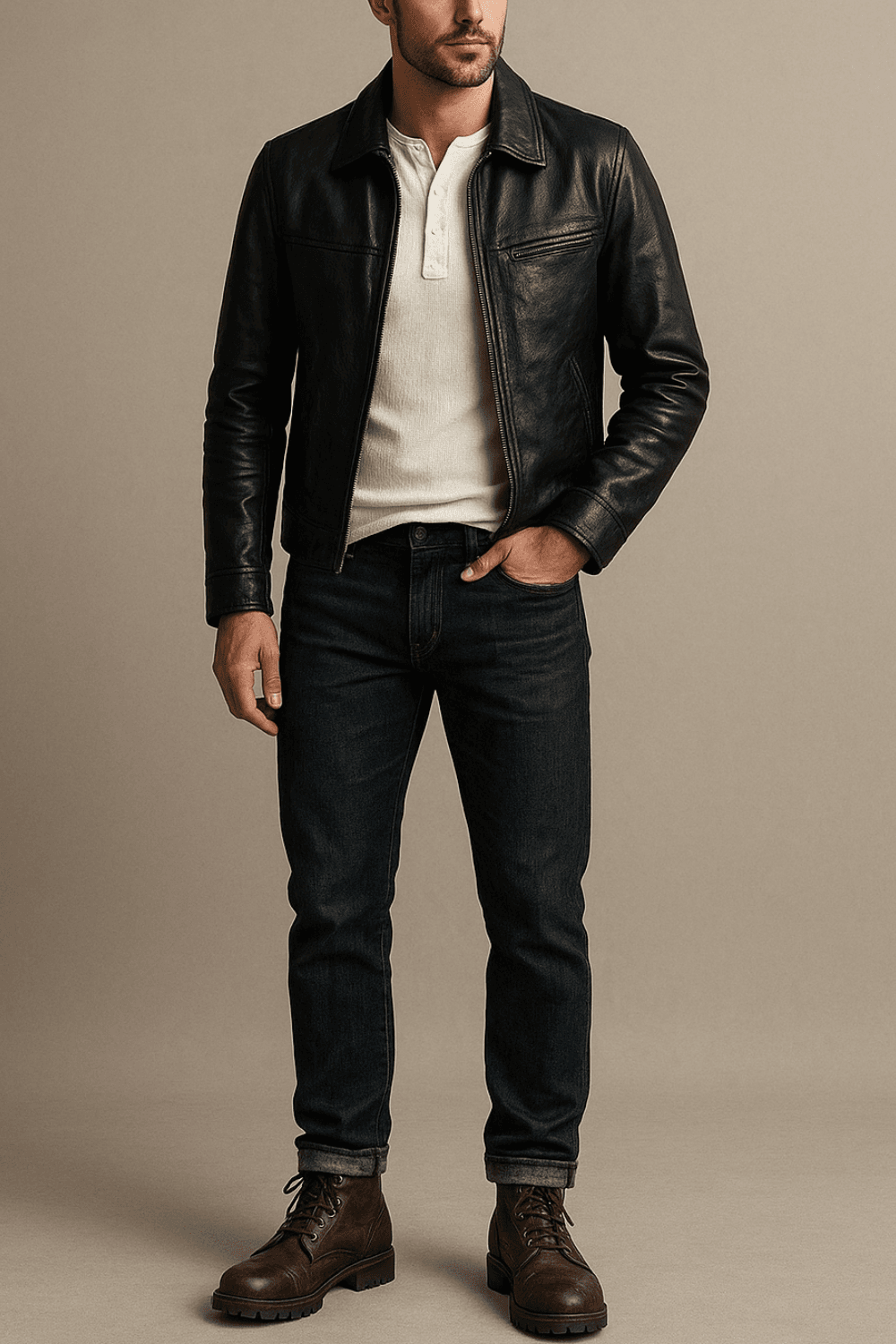A man wearing a white Henley shirt layered under a black leather jacket, paired with dark wash jeans and dark brown combat boots, standing against a neutral beige background.