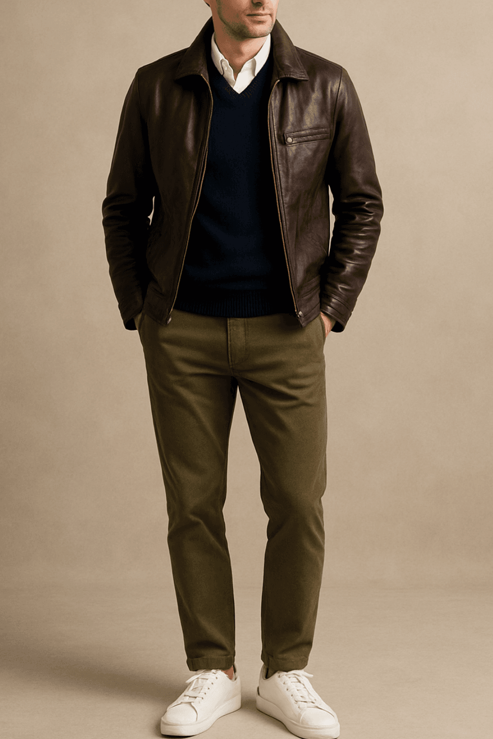 Man wearing dark brown leather jacket layered over navy sweater and white oxford shirt, paired with olive chinos and white sneakers