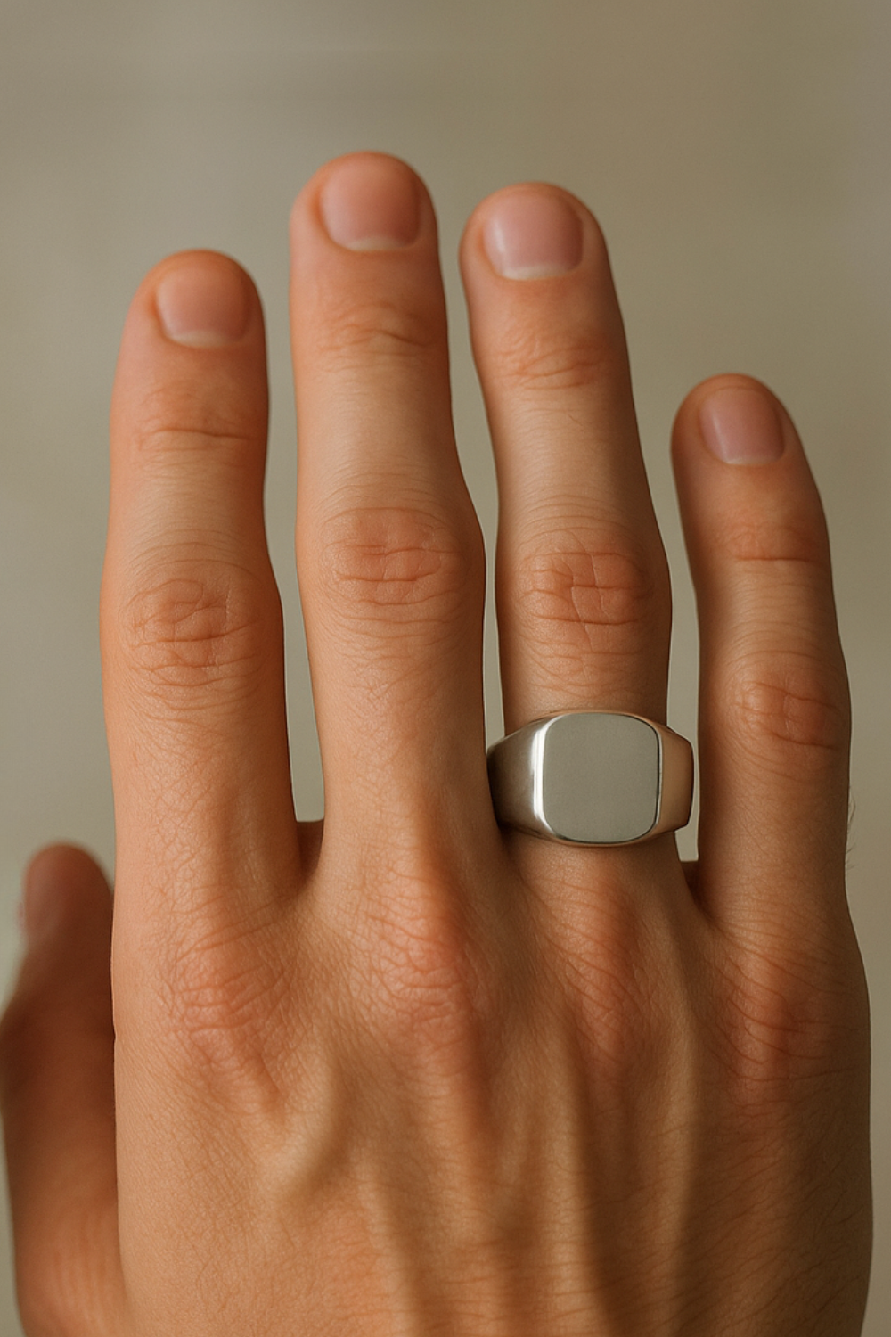 Close-up image of a man’s broad hand with thicker fingers wearing a bold, chunky silver signet ring, shown in natural light with realistic texture.