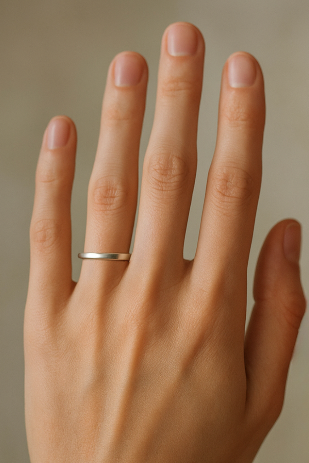 Close-up shot of a man’s slim fingers wearing a minimal thin silver band, captured in soft natural light with a clean background.