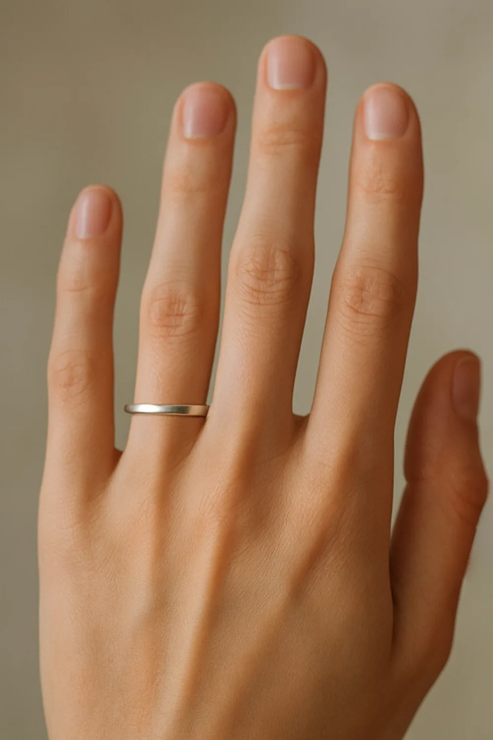 Close-up shot of a man’s slim fingers wearing a minimal thin silver band, captured in soft natural light with a clean background.