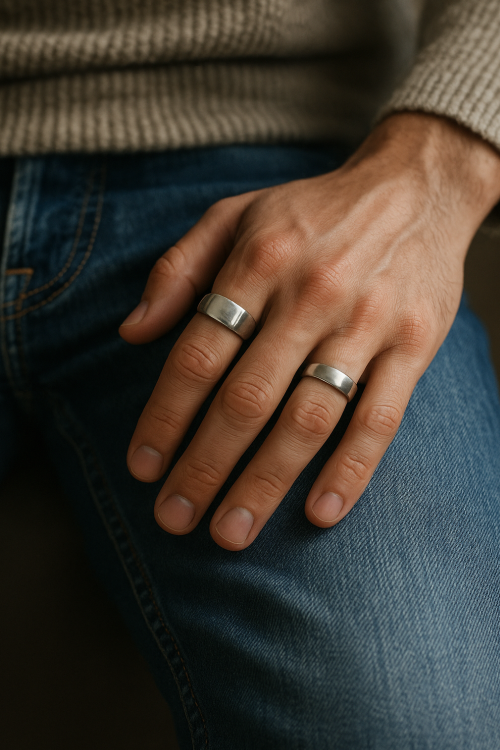 Close-up shot of a man’s hand wearing two silver rings—a chunky signet on the index finger and a simple band on the ring finger—resting on blue jeans with visible texture and stitching, in natural daylight.