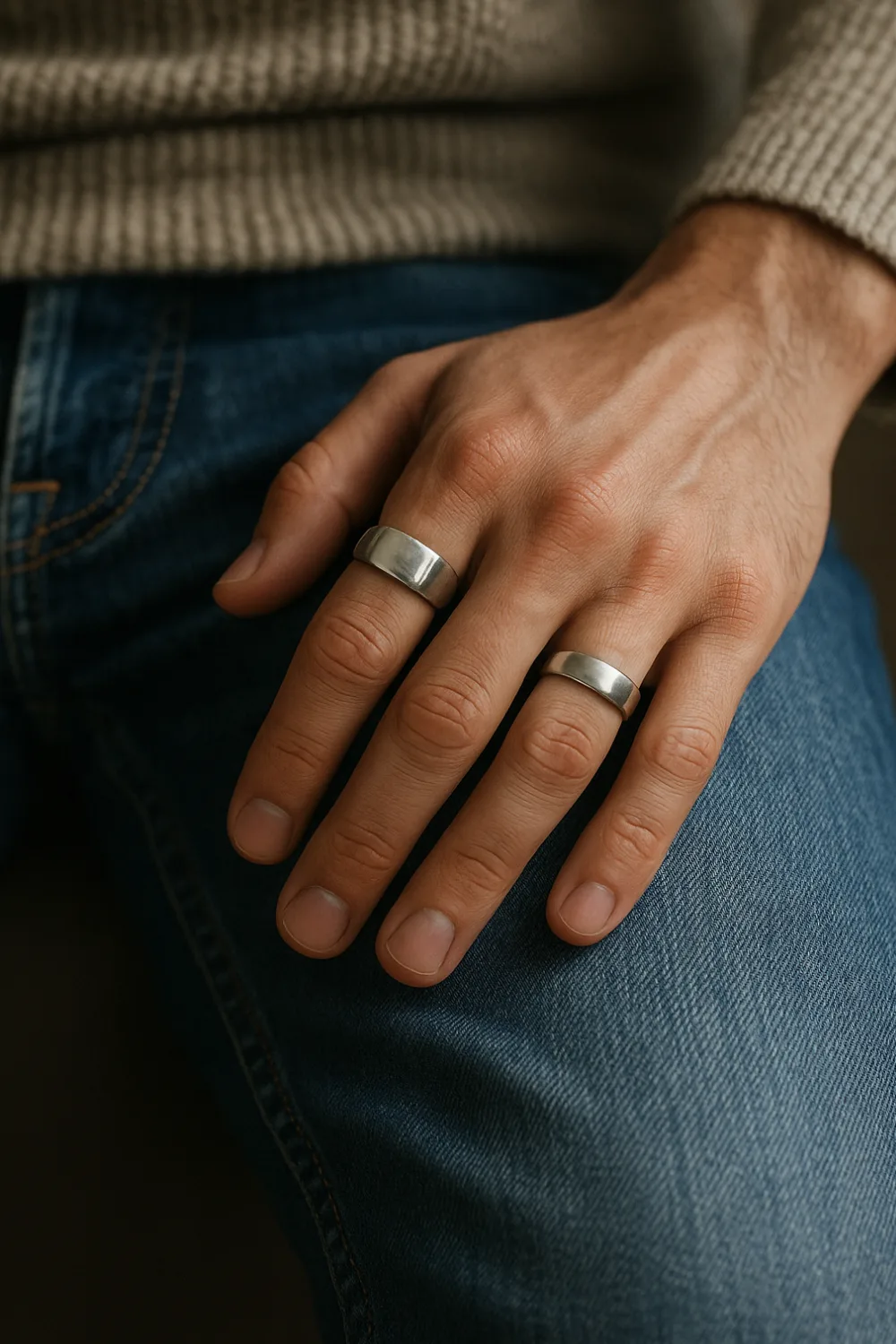 Close-up shot of a man’s hand wearing two silver rings—a chunky signet on the index finger and a simple band on the ring finger—resting on blue jeans with visible texture and stitching, in natural daylight.