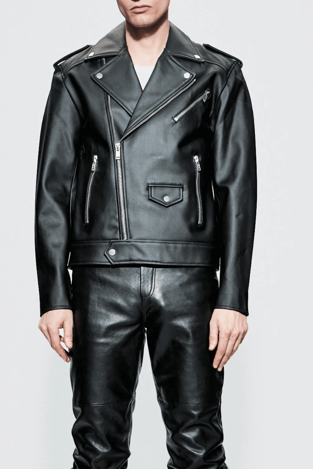 man wearing Deadwood River Cactus Biker Jacket in Black