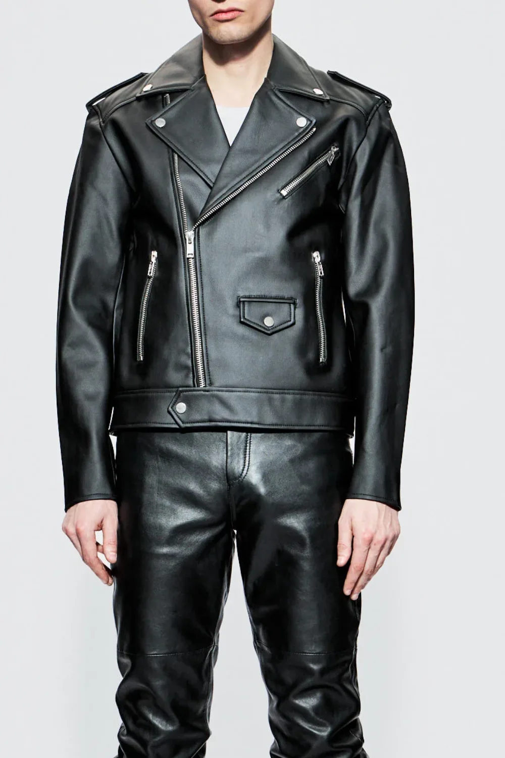 man wearing Deadwood River Cactus Biker Jacket in Black
