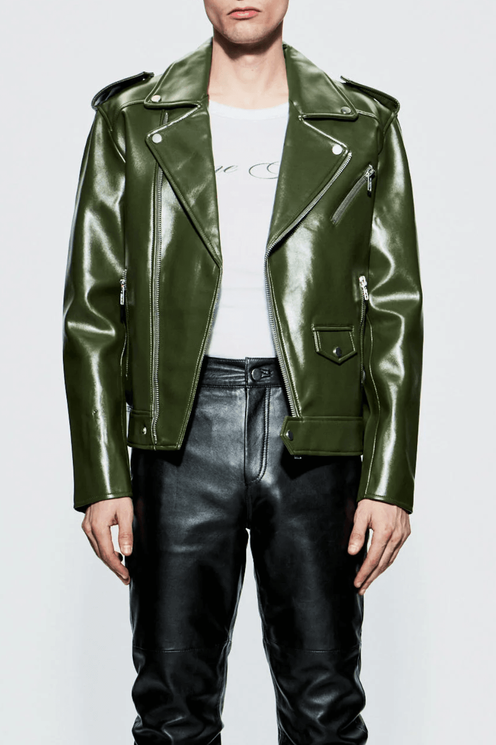 Man wearing Deadwood River Cactus Biker Jacket in Green