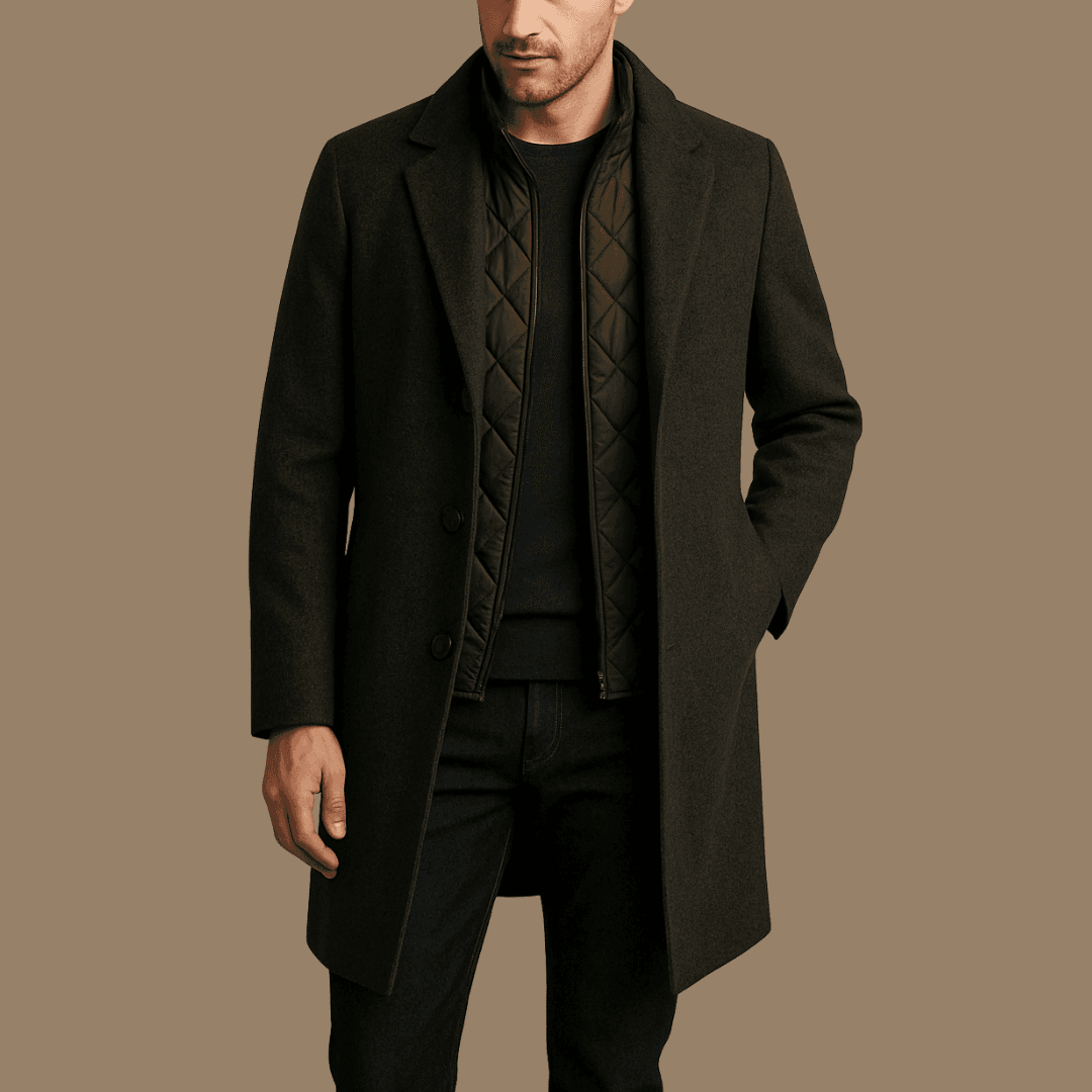 A stylish man wearing a layered outfit featuring a charcoal merino wool crewneck base, a navy wool sweater, a dark olive quilted vest, and a charcoal wool overcoat. He stands against a neutral beige background, with soft lighting that emphasizes the textures and refined layering of each piece.