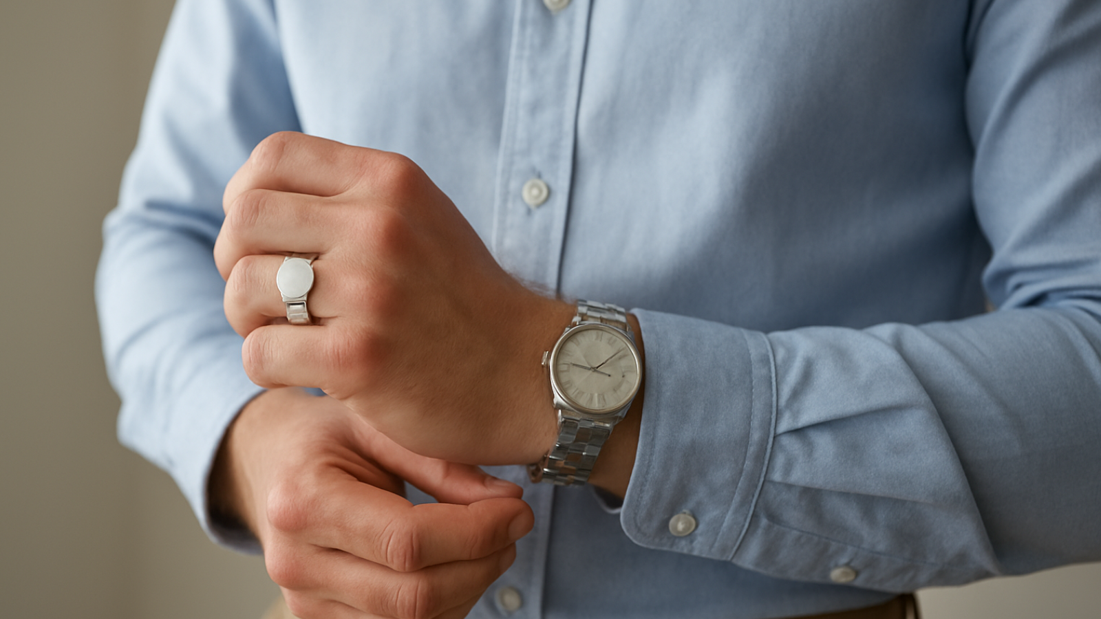 Close-up of a man adjusting his cuff while wearing a light blue button-down shirt and beige chinos, showcasing a silver signet ring and a stainless steel watch.
