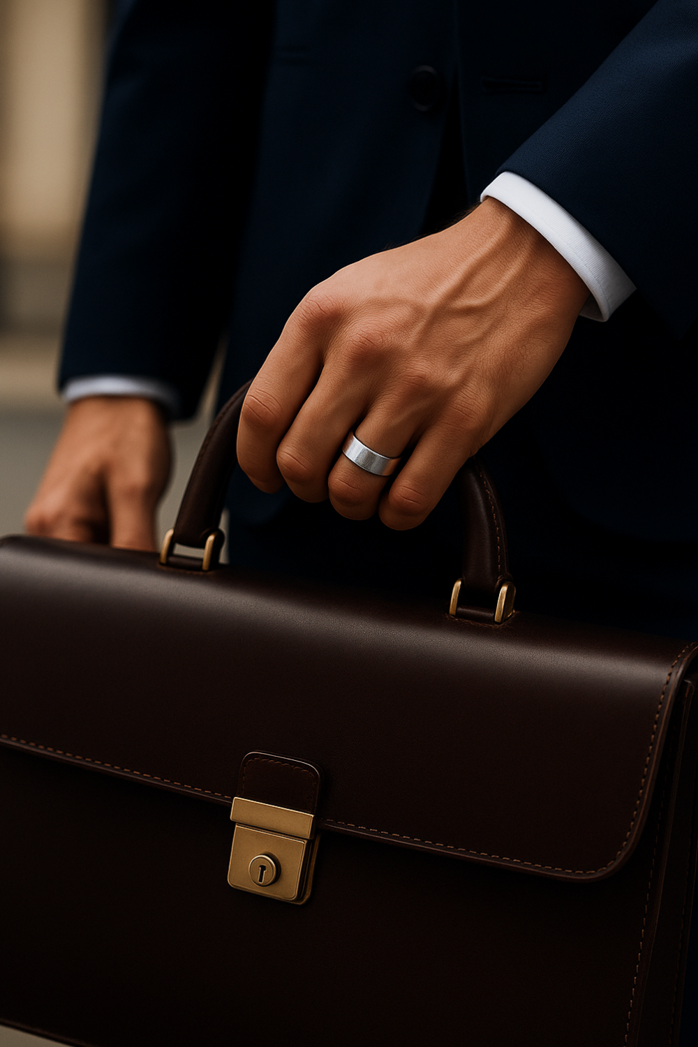Close-up of a man’s hand holding a brown leather briefcase, wearing a single polished silver band on his middle finger, dressed in a navy suit and white shirt.