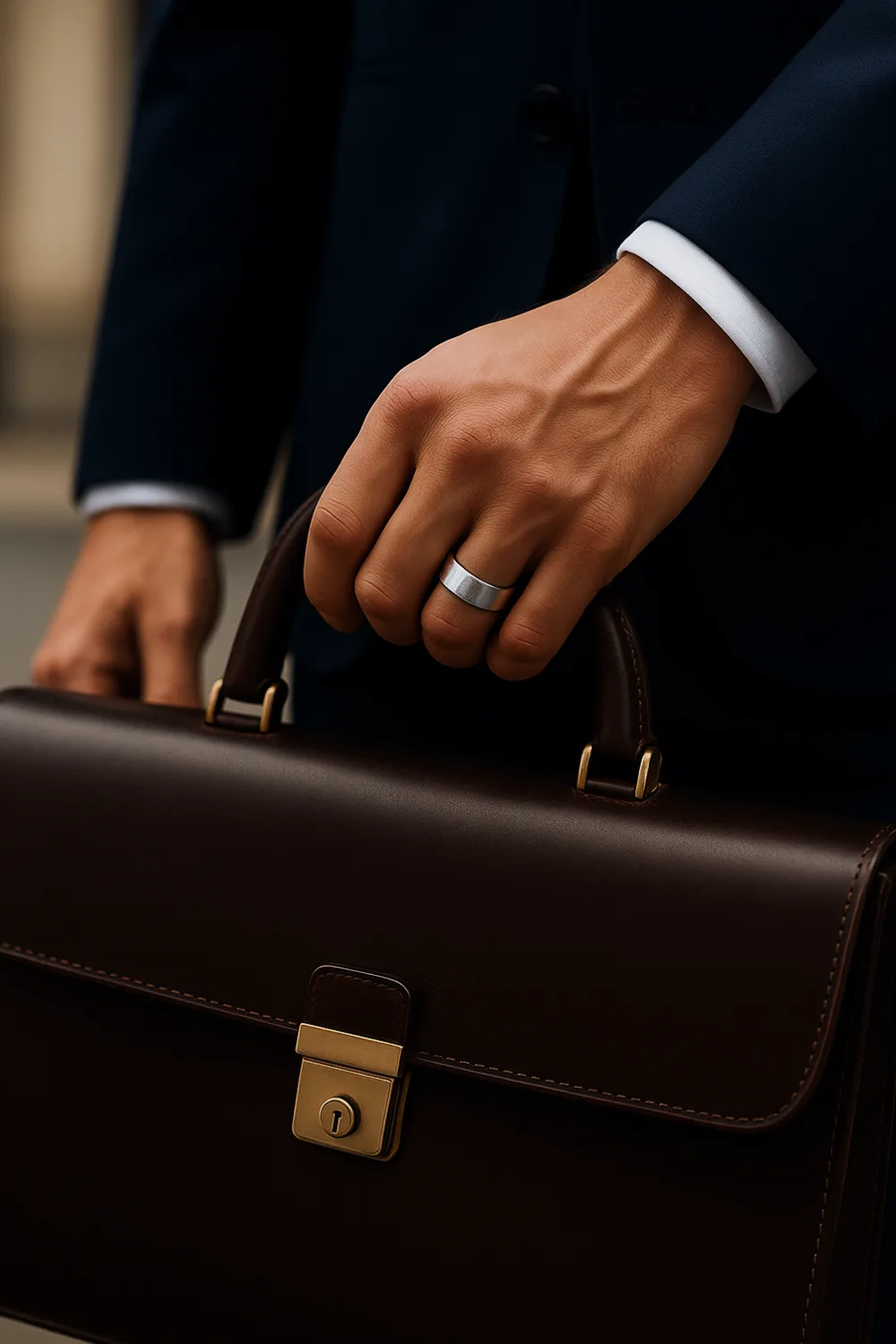 Close-up of a man’s hand holding a brown leather briefcase, wearing a single polished silver band on his middle finger, dressed in a navy suit and white shirt.