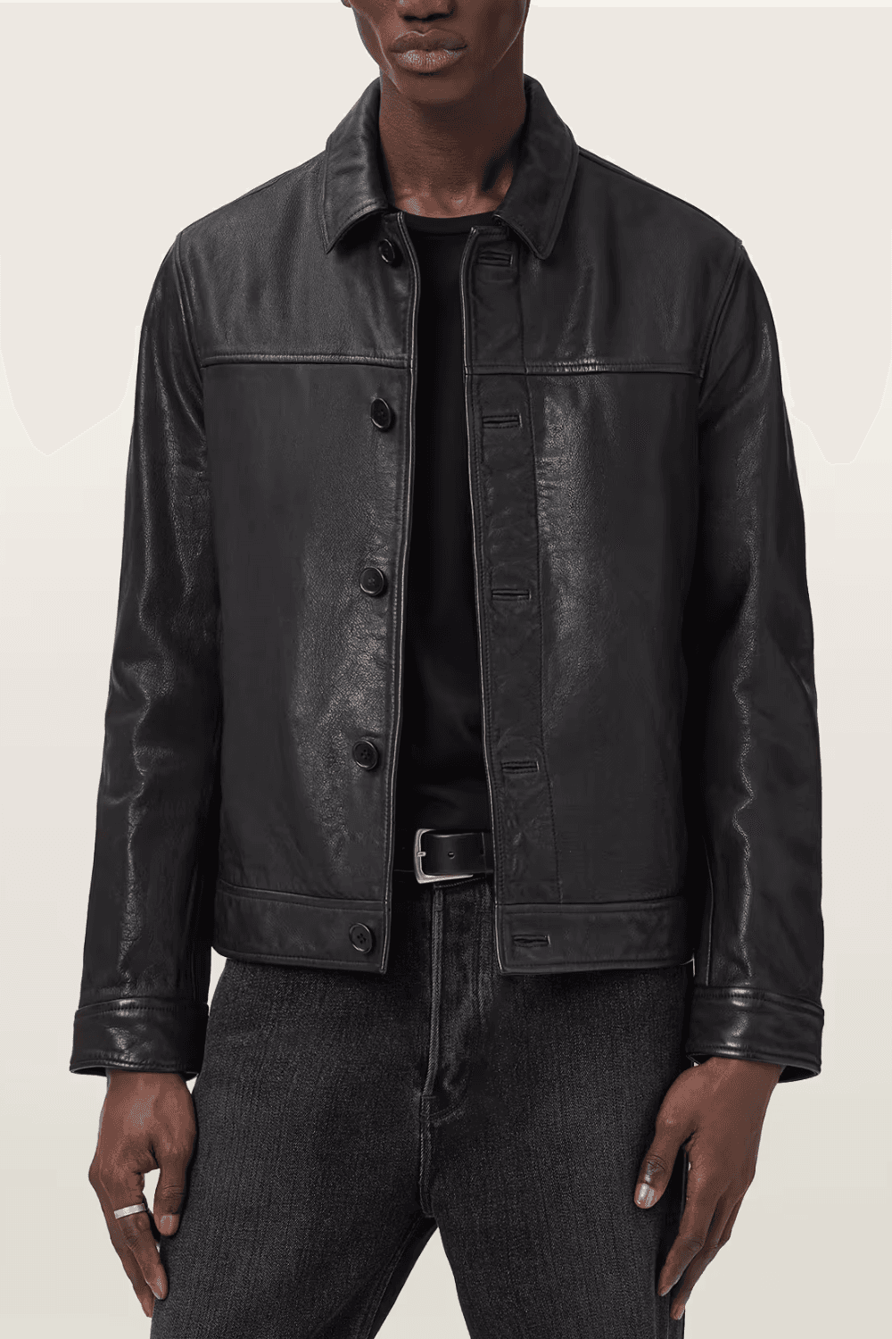 Front View of a man wearing AllSaints Nates Leather Jacket in Black