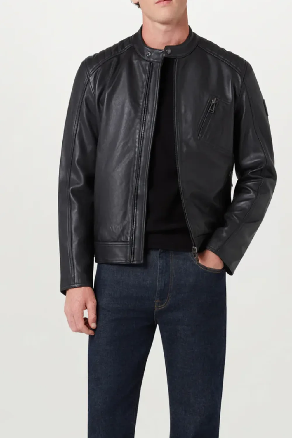Front View of a man wearing Belstaff V Racer Jacket in Black