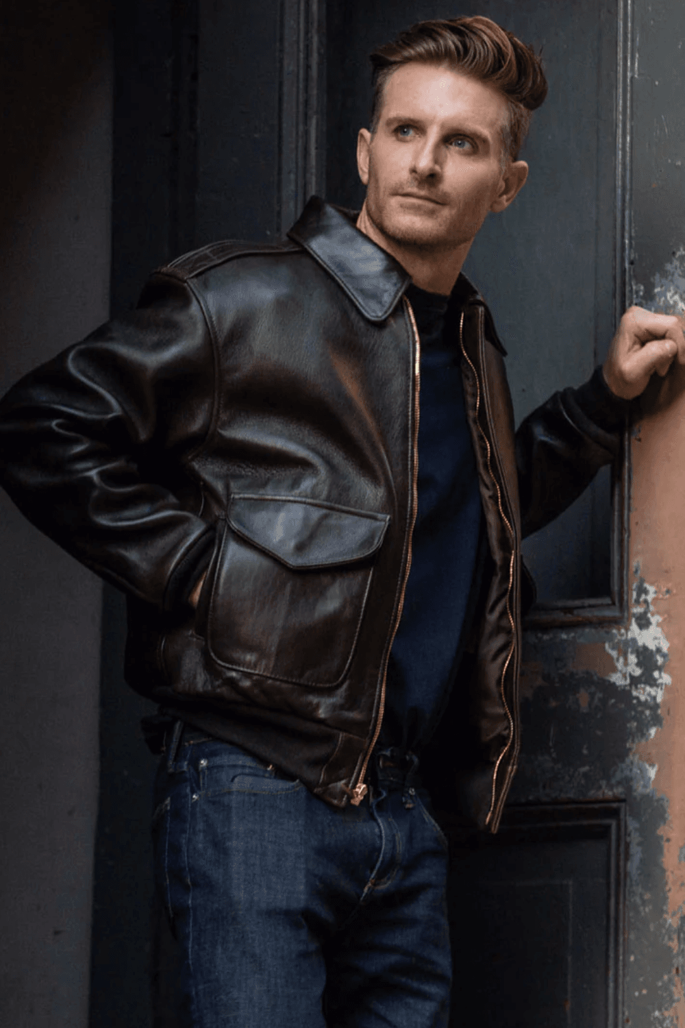 Front View of a man wearing Cockpit USA 100 Mission A-2 Pilot's Jacket in Dark Brown