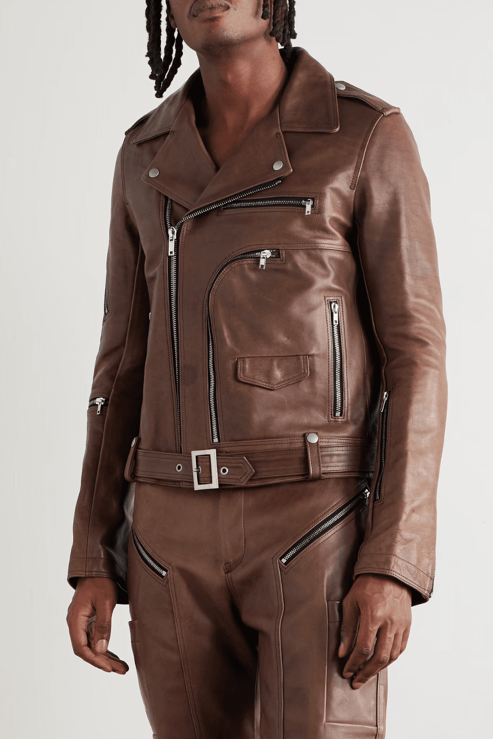 Front View of a man wearing Rick Owens Bauhaus Stooges Slim-Fit Leather Biker Jacket in Brown