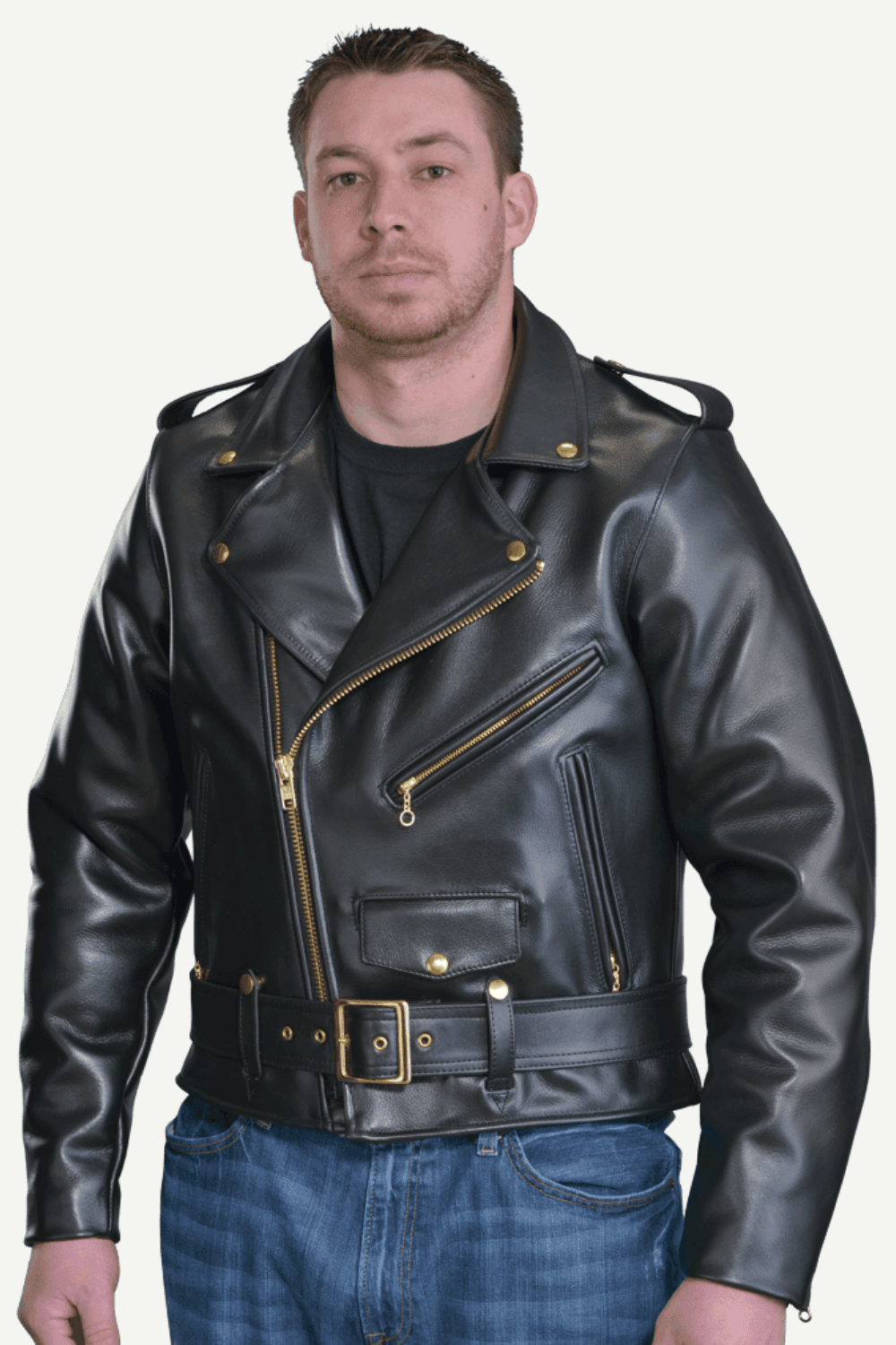 Front view of a man wearing Vanson Model C2 Brando Style Leather