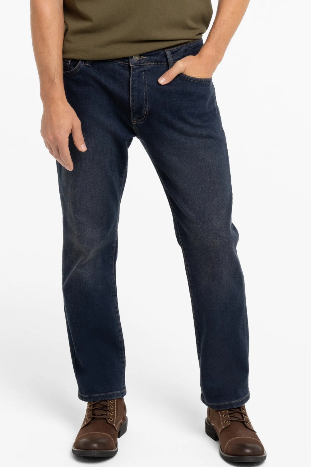 A man wearing Ash & Erie Straight Fit Jeans in dark wash, shown from the front.