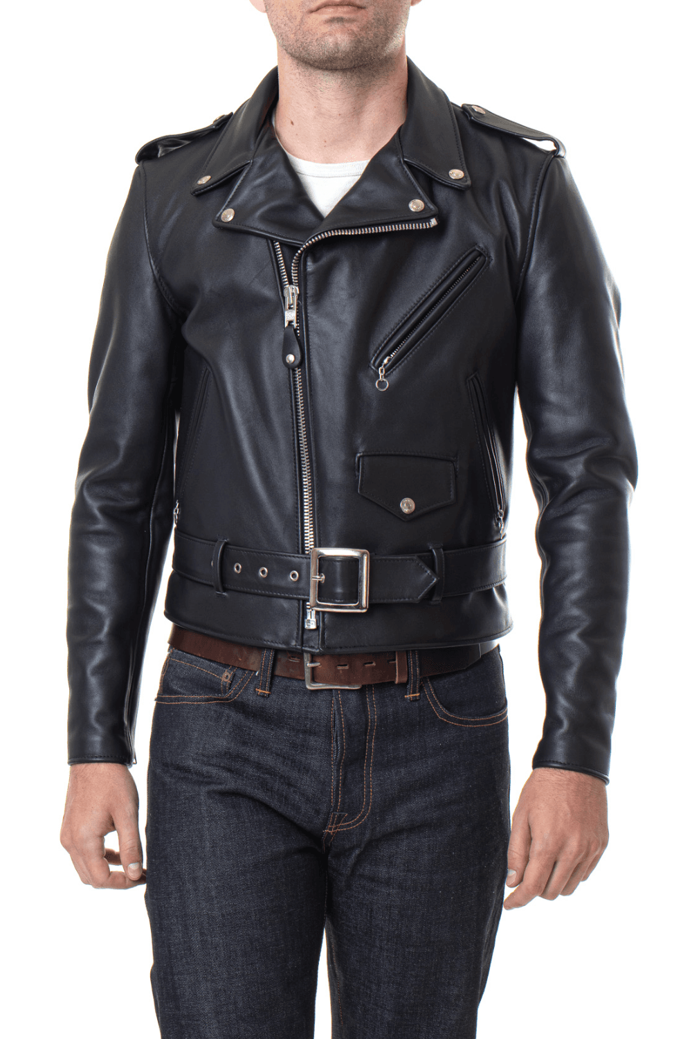 Front view of a man wearing the Schott NYC 618 Perfecto Leather Jacket