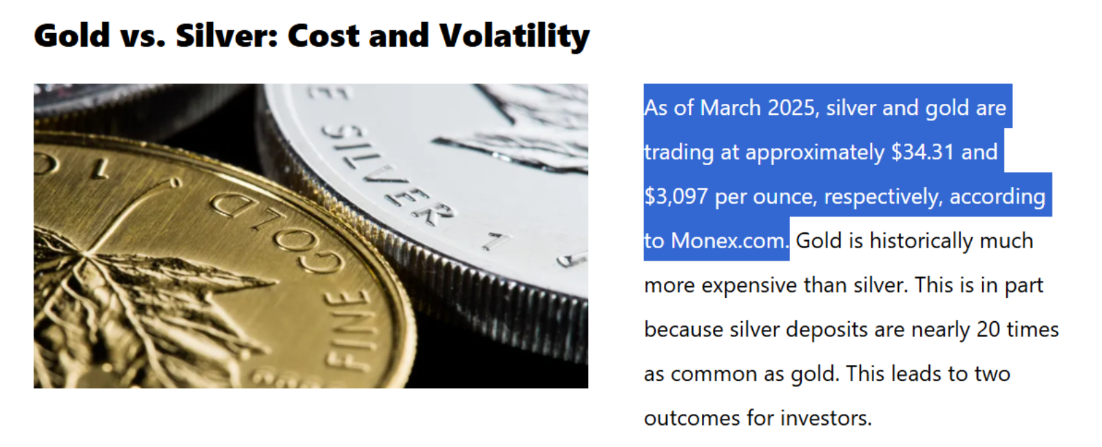 Image showing gold vs. silver, highlighting their price trends, cost, and market volatility.