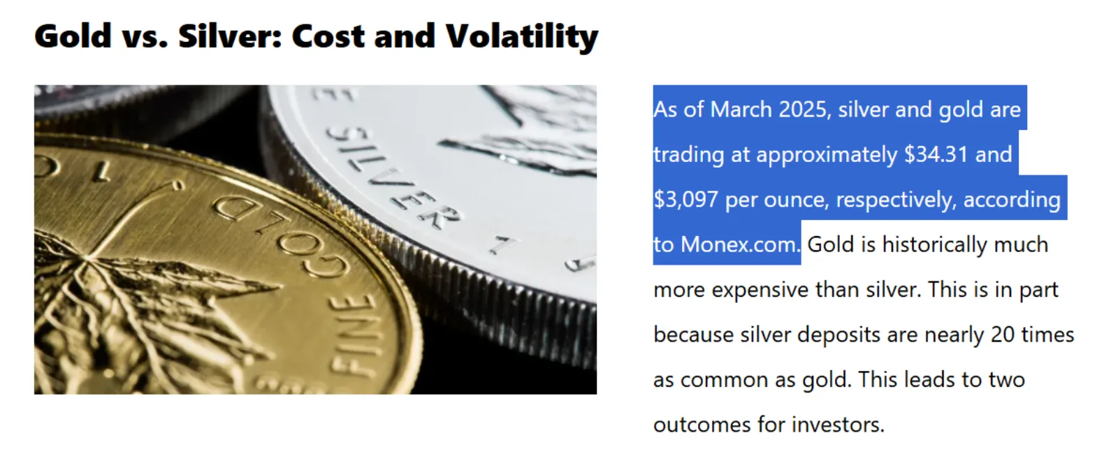 Image showing gold vs. silver, highlighting their price trends, cost, and market volatility.