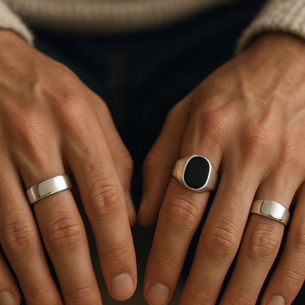 Close-up of a man’s hands wearing three silver rings — a polished band, a plain signet, and an onyx signet — resting naturally on denim jeans under soft daylight.