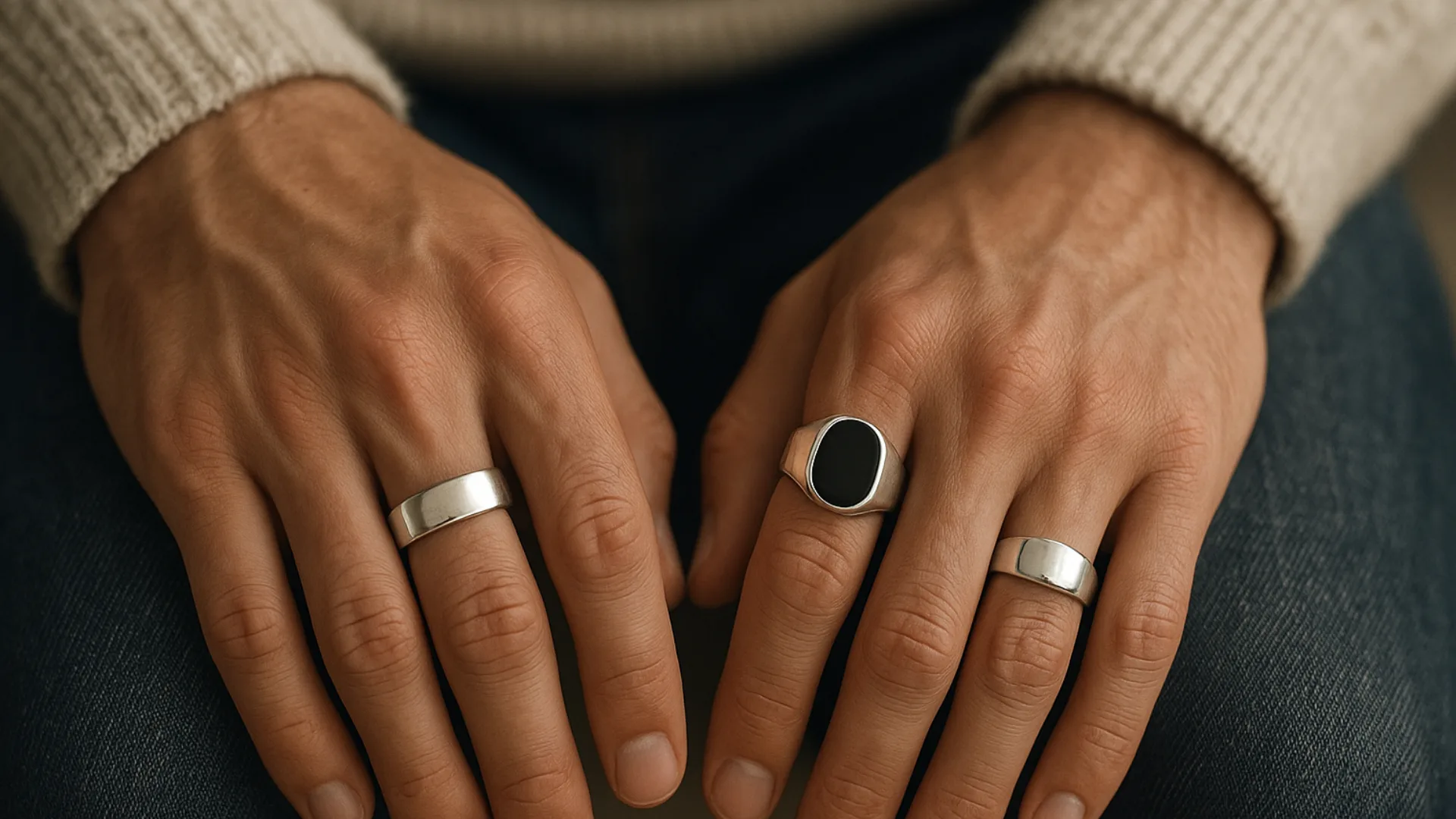 Close-up of a man’s hands wearing three silver rings — a polished band, a plain signet, and an onyx signet — resting naturally on denim jeans under soft daylight.