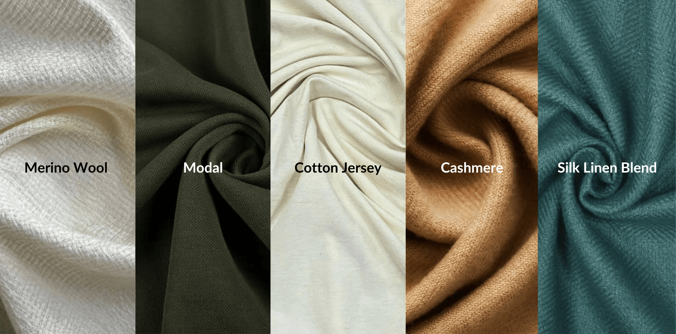 Lightweight fabrics: merino wool, cotton jersey, cashmere, modal, and silk-linen blend