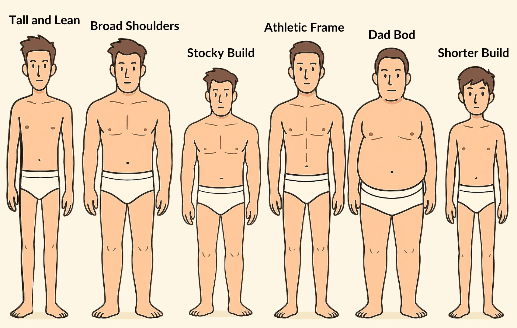A cartoon-style illustration showing six male body types side by side in white briefs, from left to right: tall and lean, broad shoulders, stocky with a wider chest and shorter frame, athletic with defined muscles, dad bod with a rounder belly, and shorter build with a leaner frame.